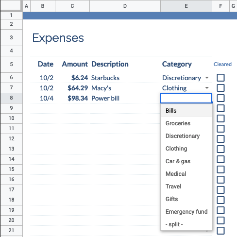 Entering a purchase on the expenses sheet