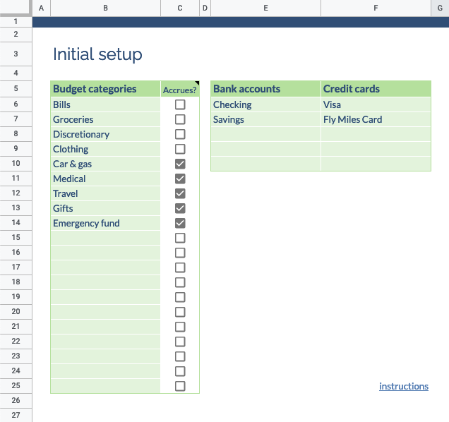 Screenshot of Initial Setup sheet with some budget categories and bank accounts filled in