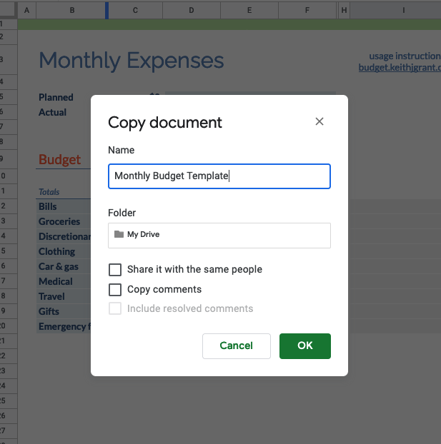 Screenshot of Copy document modal