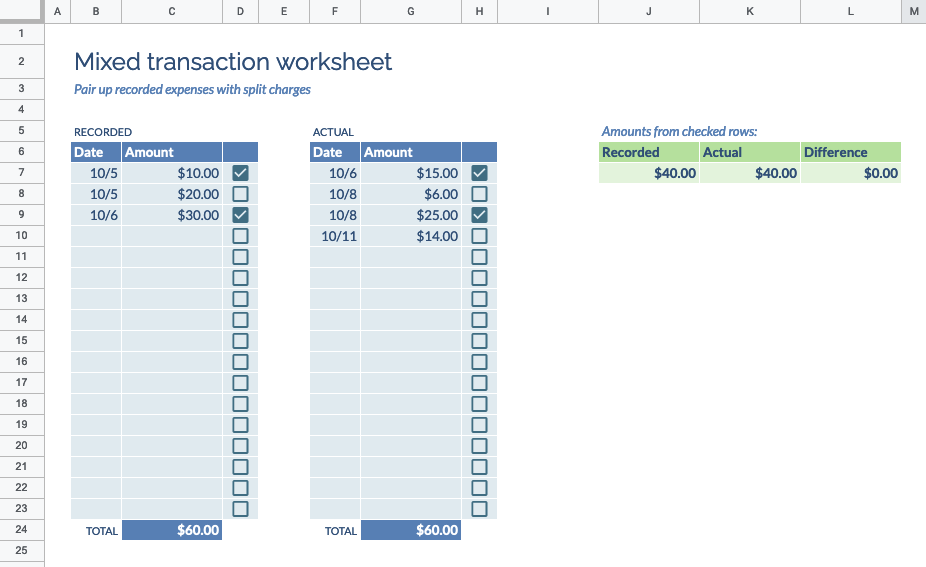 Mixed transaction worksheet finding expenses that match