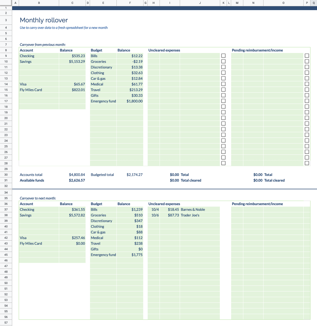 Screenshot of Monthly rollover sheet