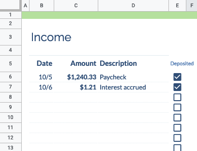 Income sheet with entries for paycheck and interest accrued