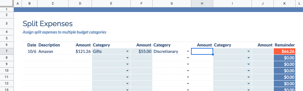 Screenshot of split expenses sheet